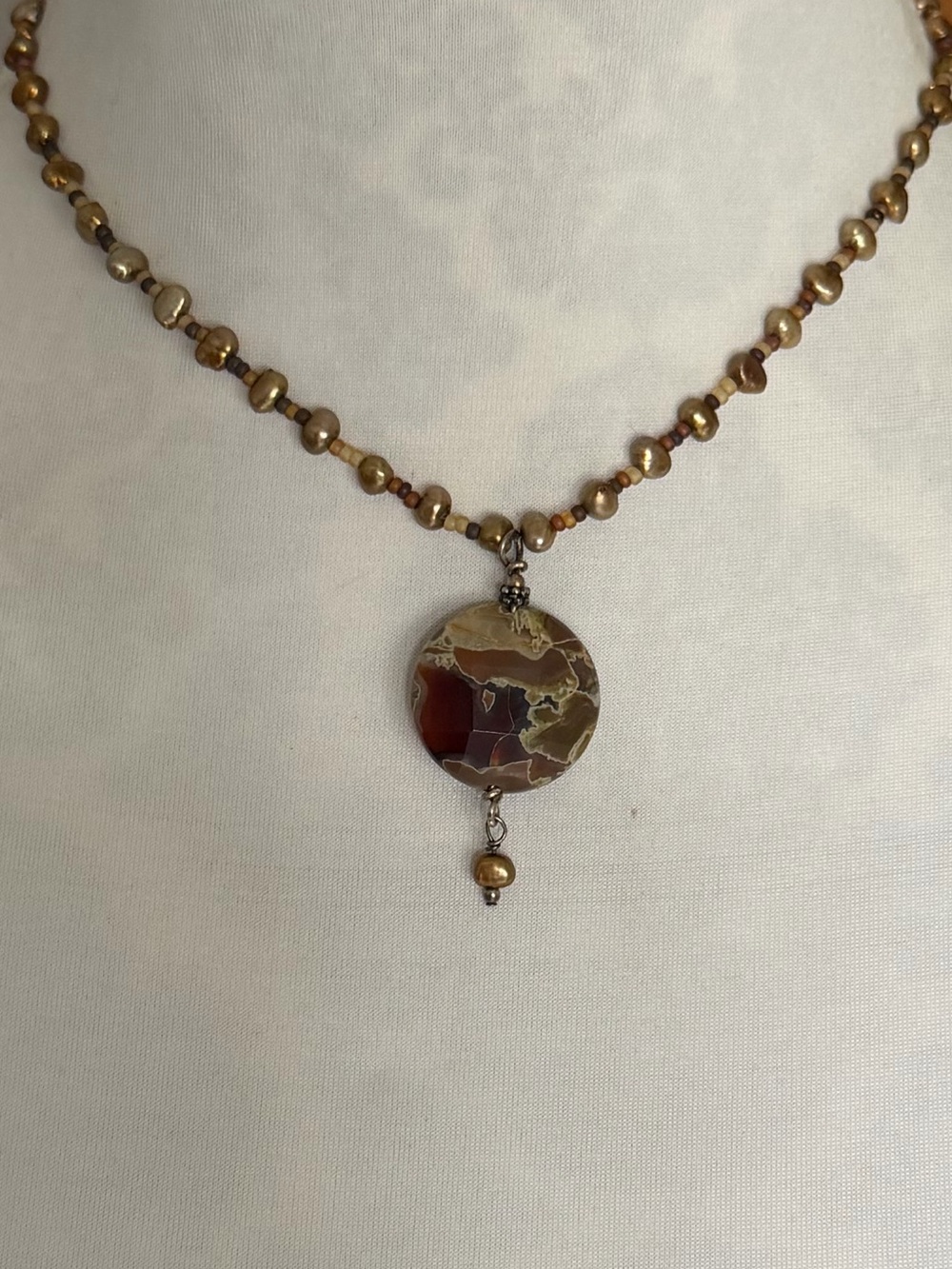 Artisan Jasper Pendant Beaded Necklace | Earth Tone Gemstone Boho Southwestern - Picture 3 of 4